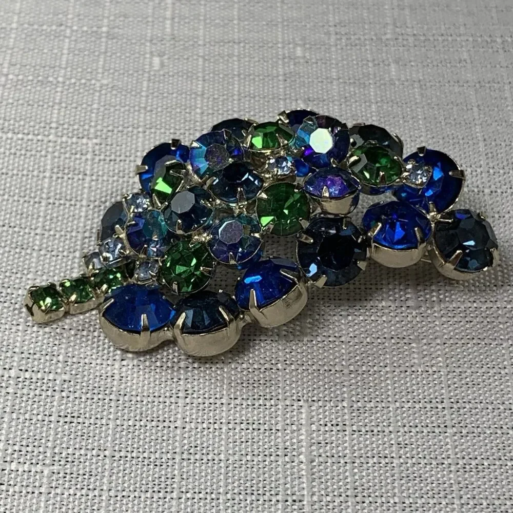 Vintage Brooch Blue Green Rhinestone Silver Tone 2” Jewelry Fashion Leaf Pin